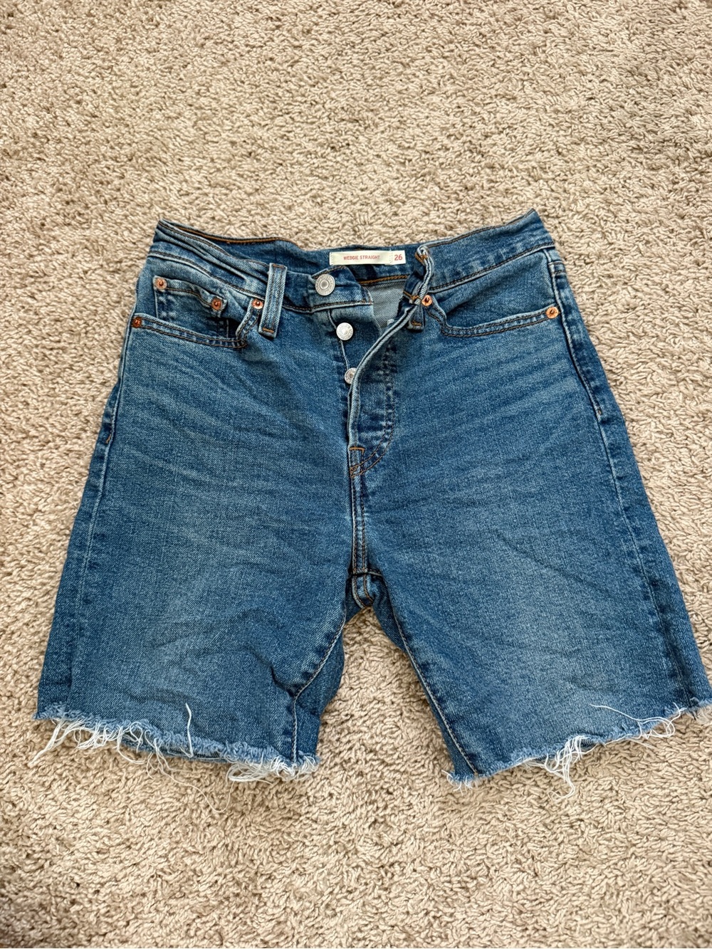 Levi's Mid-Blue High-Rise Frayed Hem Jean Shorts